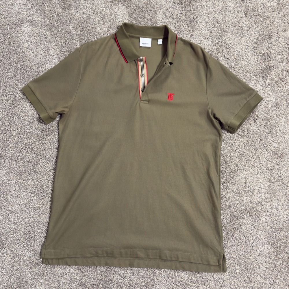 Burberry Mens TB Monogram Pique Polo Shirt Olive Green Striped Placket L 8043277